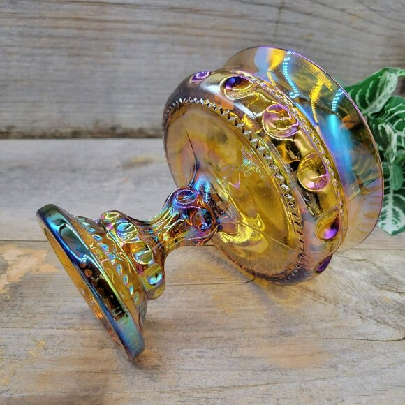 Candy Dish King's Crown Colony Marigold Carnival Glass Iridescent Compote - Picture 6 of 11